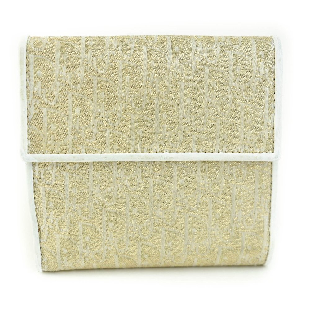 Auth DIOR "Oblique": Metallic Gold & White Leather Logo Medium Wallet (m…